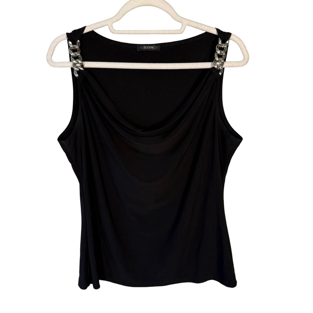 Coin Black Tank Top with Chain Accents Size S M Stretch Y2K Date Night Modern